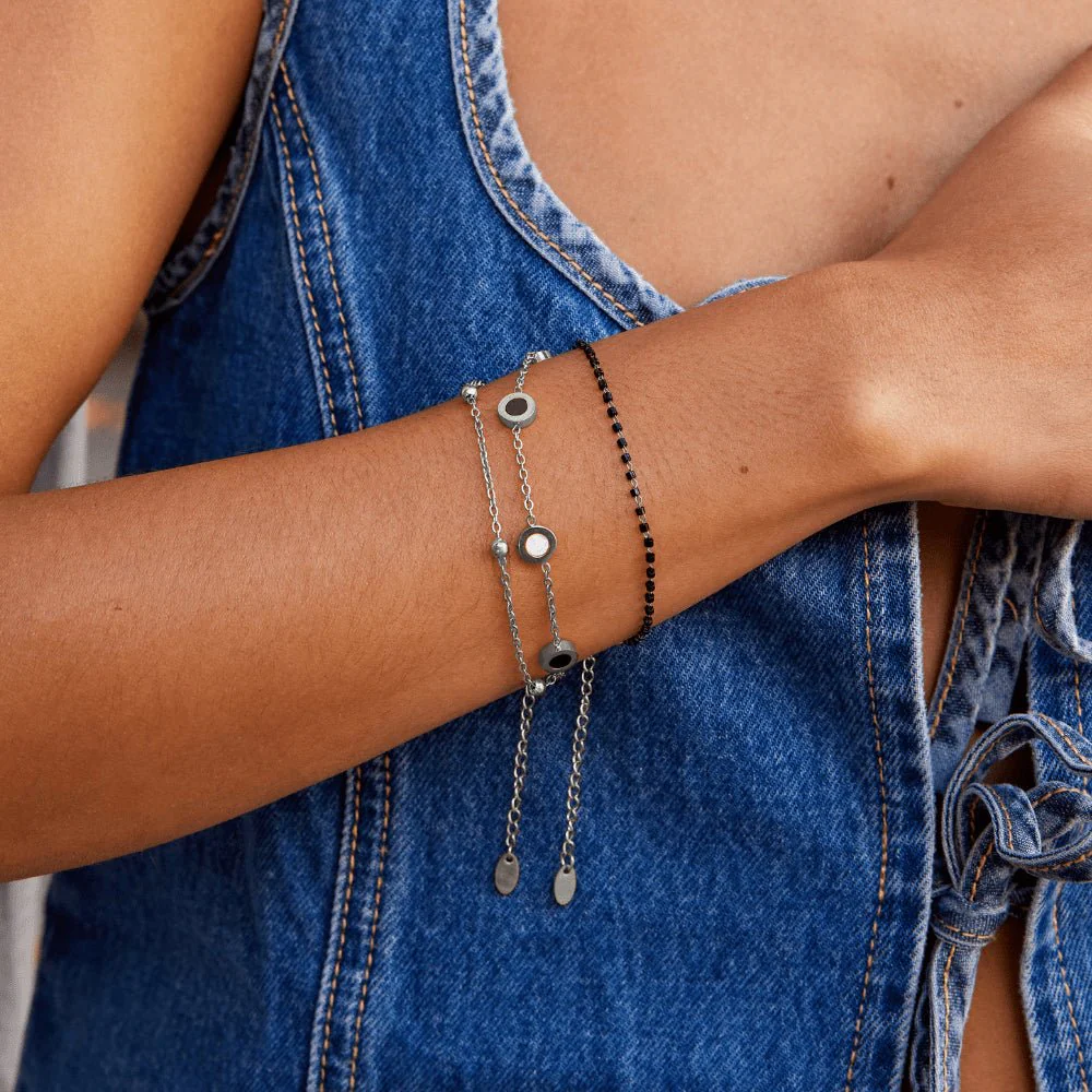Onyx & White Stone Silver Bracelet - Image 2